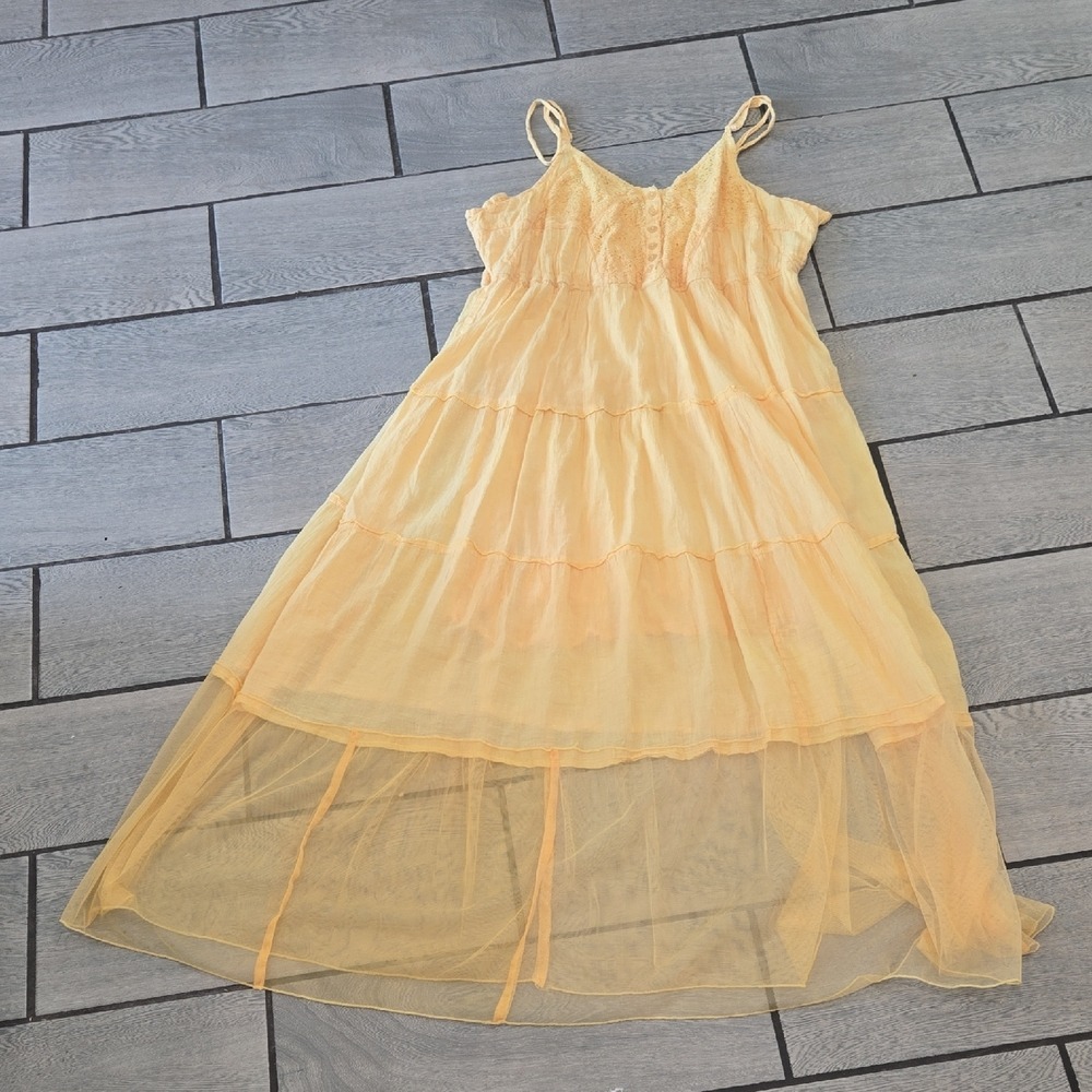 Mlle Gabrielle Yellow Lace Bodice Tiered Mesh Hem Midi Dress Plus Size 2X
